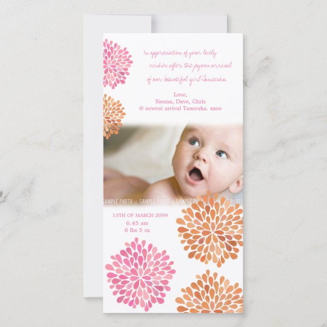 Pink & Orange Flowers New Baby Thank You Card (Front)