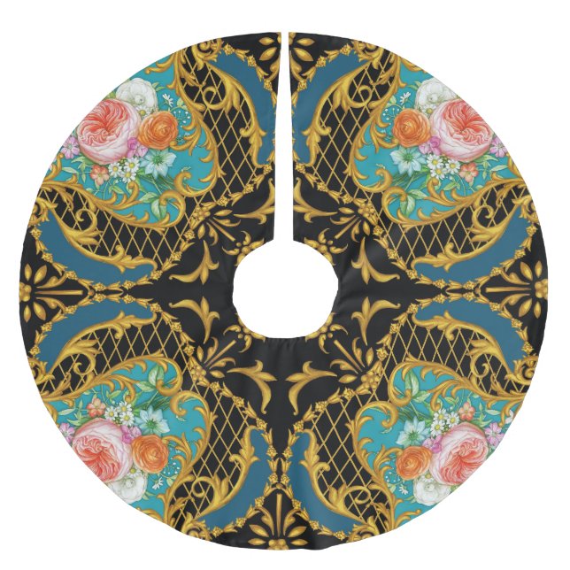 Pink Orange Flowers: Square Composition Brushed Polyester Tree Skirt (Front)