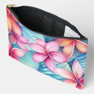 PINK & ORANGE FRANGIPANI FLORAL BLOOMS ACCESSORY POUCH