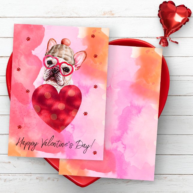 Pink Orange French Bulldog Valentines Day Gift Dog Holiday Card (Creator Uploaded)