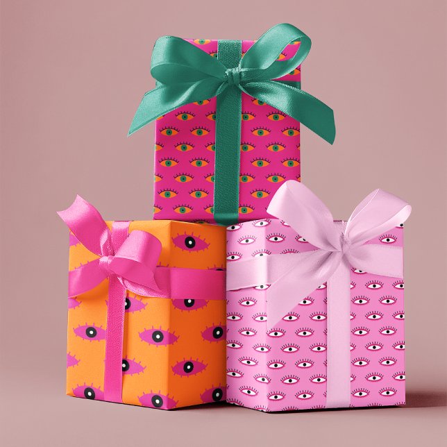 Pink & Orange Funky Evil Eye Pattern Holiday Gift Wrapping Paper Sheet (Creator Uploaded)