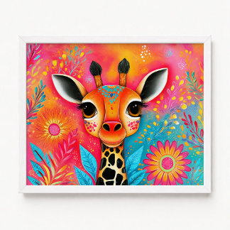Pink Orange Giraffe Floral Painting Poster