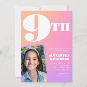 Pink Orange Gradient 9th birthday invitation Photo