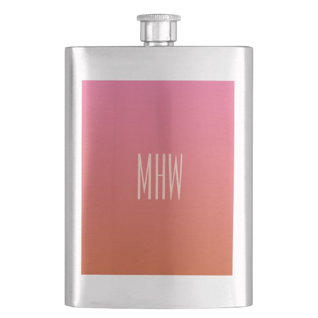 Pink Orange Gradient custom monogram flask (Front)