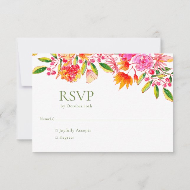 Pink Orange Green Floral Simple Wedding  RSVP Card (Front)