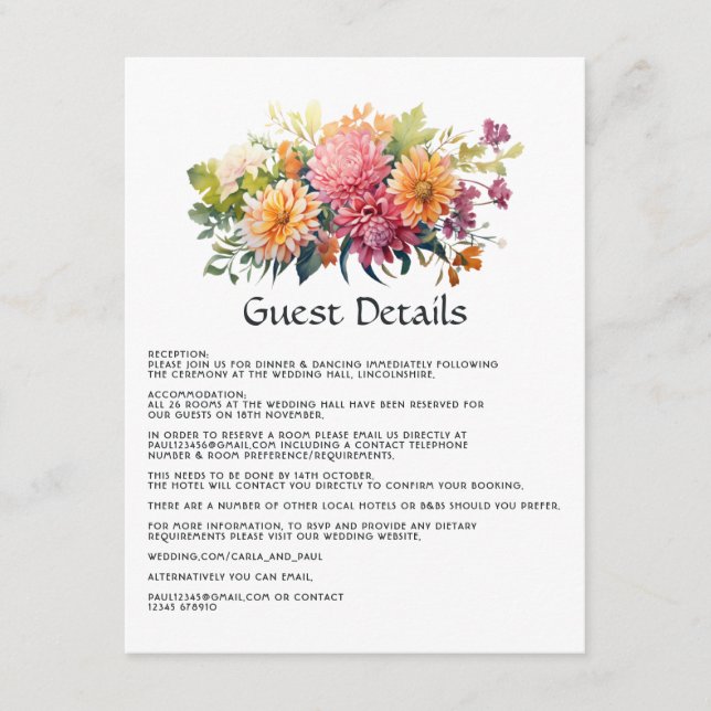 Pink, Orange & Green Floral Wedding Guest Details Enclosure Card (Front)