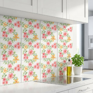 Pink Orange Green Watercolor Wildflower Ceramic Tile