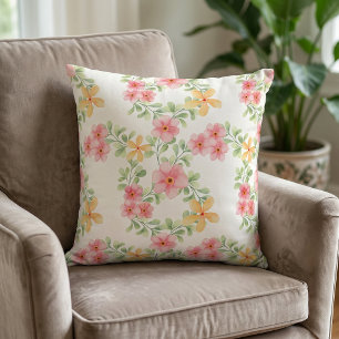Pink Orange Green Watercolor Wildflower Cushion