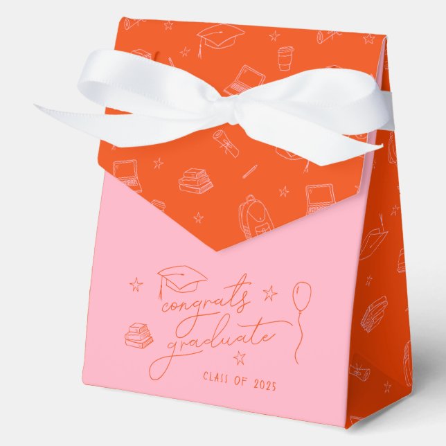 Pink Orange Hand Drawn Personalised Graduation Favour Box (Front)