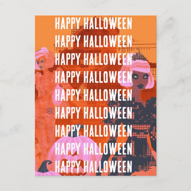Pink Orange Haunted Halloween House Postcard (Front)