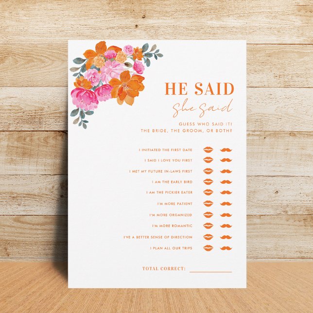 Pink Orange He Said She Said Bridal Shower Game Invitation (Creator Uploaded)