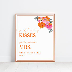 Pink & Orange How Many Kisses Bridal Shower Sign