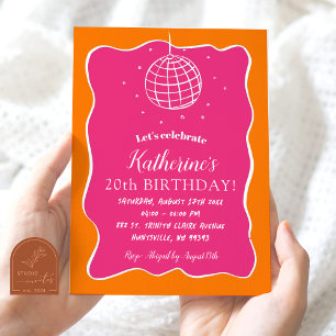 Pink Orange Illustrated Disco Ball Adult Birthday Invitation