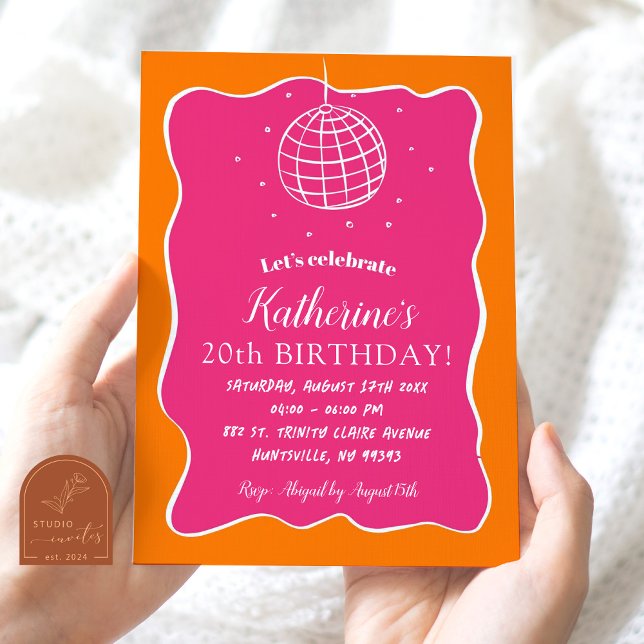 Pink Orange Illustrated Disco Ball Adult Birthday Invitation (Creator Uploaded)