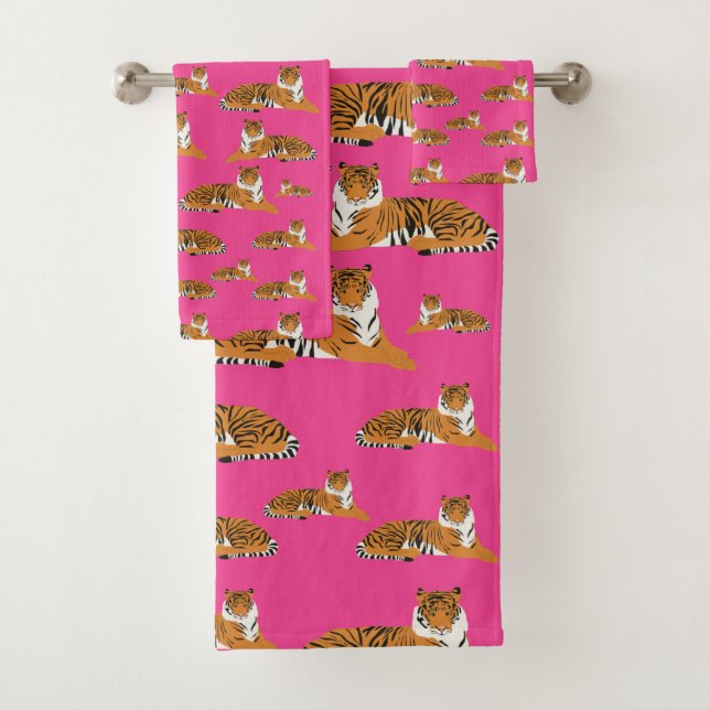 Pink Orange Jungle Tiger Animal Pattern   Bath Towel Set (Insitu)