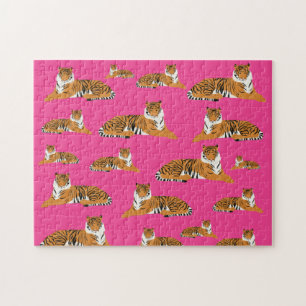 Pink Orange Jungle Tiger Animal Pattern   Jigsaw Puzzle