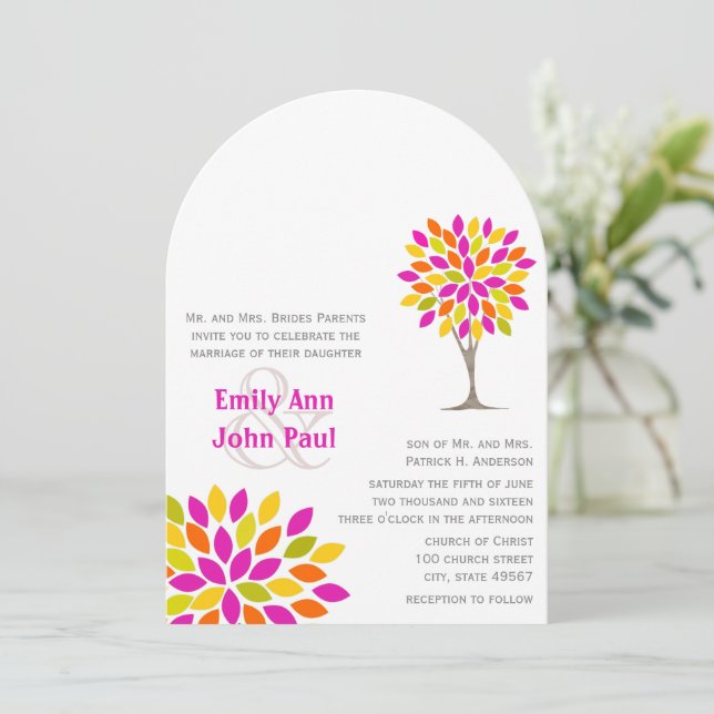 Pink Orange Lemon Green Rustic Tree Flower Wedding Invitation (Standing Front)