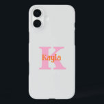 Pink Orange Light Grey Grey Custom Colour Cool iPhone 16 Plus Case<br><div class="desc">Monogrammed initial and name with cool pink and orange colours in light grey background,  and you may change the colours if you wish. Cool travel gift idea for him or her.</div>