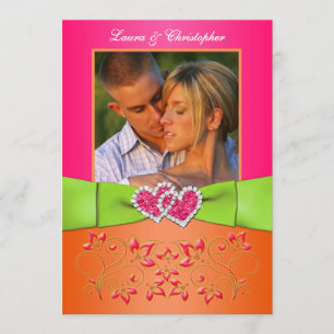 Pink Orange Lime Floral Joined Hearts PHOTO Invite