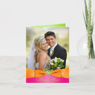 Pink Orange Lime Floral Photo Thank You Note Card