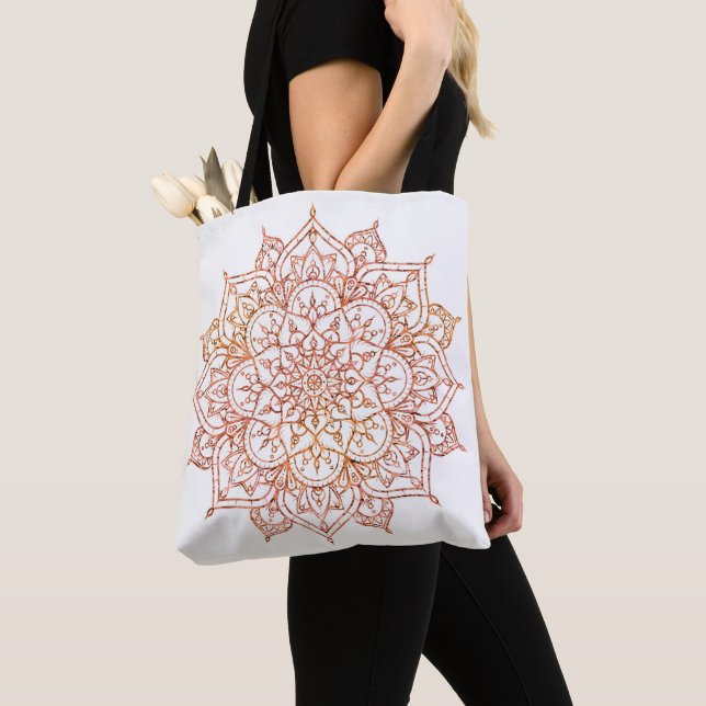 Pink & Orange Mandala on White Glam Tote Bag (Close Up)