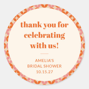 Pink Orange Mid Century Custom Bridal Shower Thank Classic Round Sticker