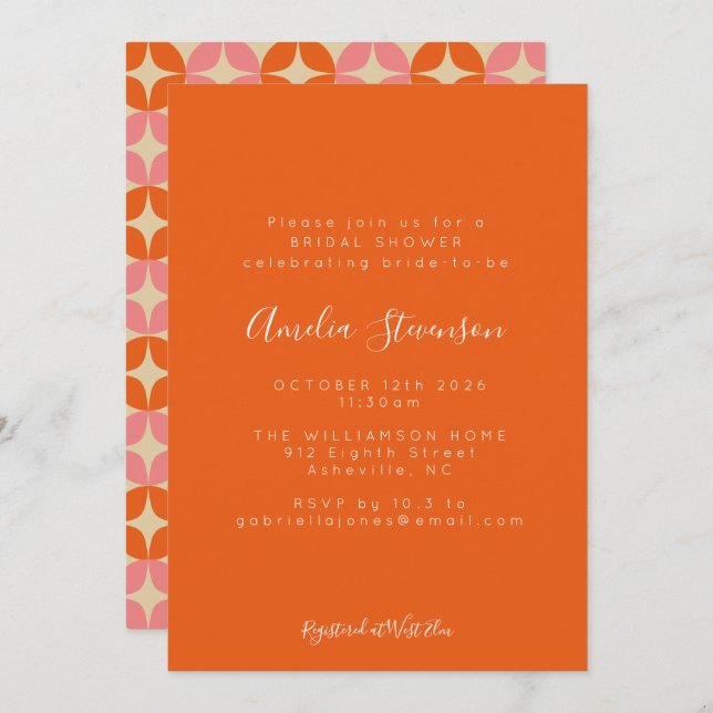 Pink Orange Mid Modern Geometric Bridal Shower  Invitation (Front/Back)