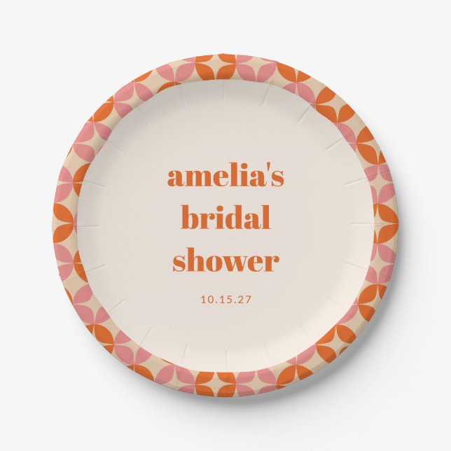 Pink Orange MidCentury Modern Custom Bridal Shower Paper Plate (Front)