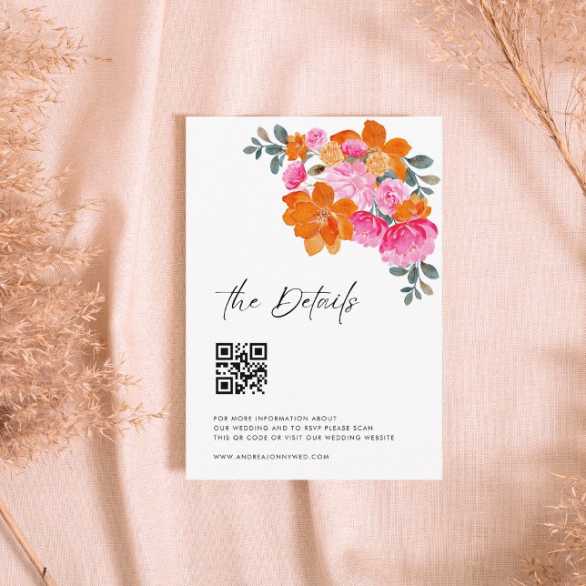 Pink Orange Modern Script QR Code Wedding Details Enclosure Card (Creator Uploaded)