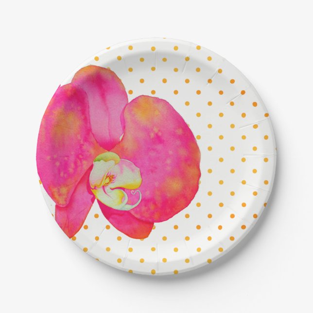 Pink orange Orchid watercolor painting  Paper Plate (Front)