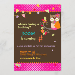 Pink / Orange Owl Personalised Birthday Party Invitation