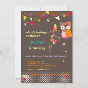 Pink / Orange Owl Personalised Birthday Party Invitation
