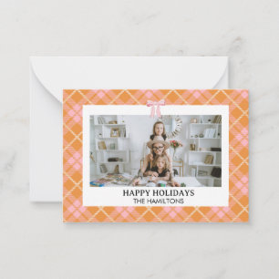 Pink Orange Plaid Bow Photo Christmas Card