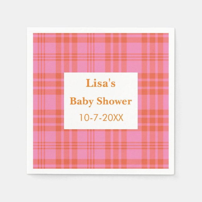 Pink Orange Plaid Gingham Baby Shower  Napkin (Front)
