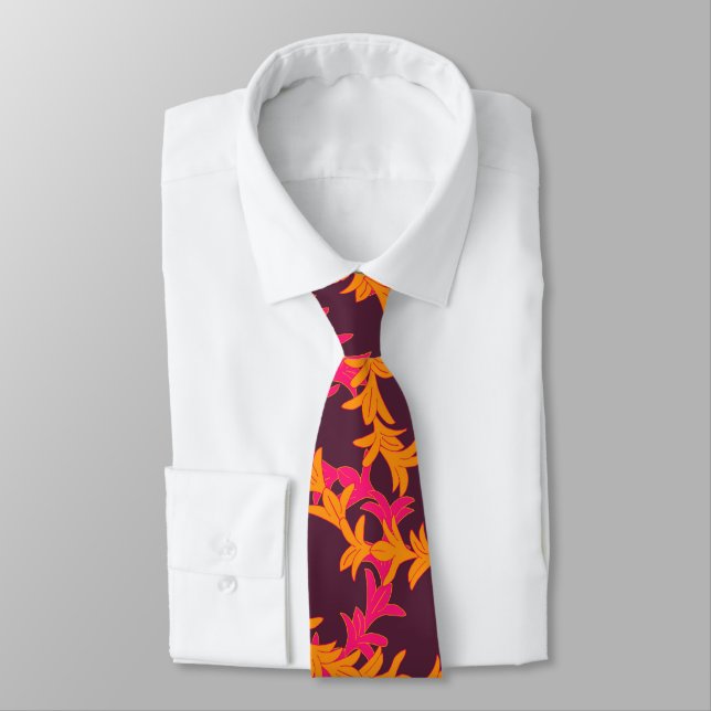 Pink Orange Plumeria Pattern Beach Wedding Tie (Tied)