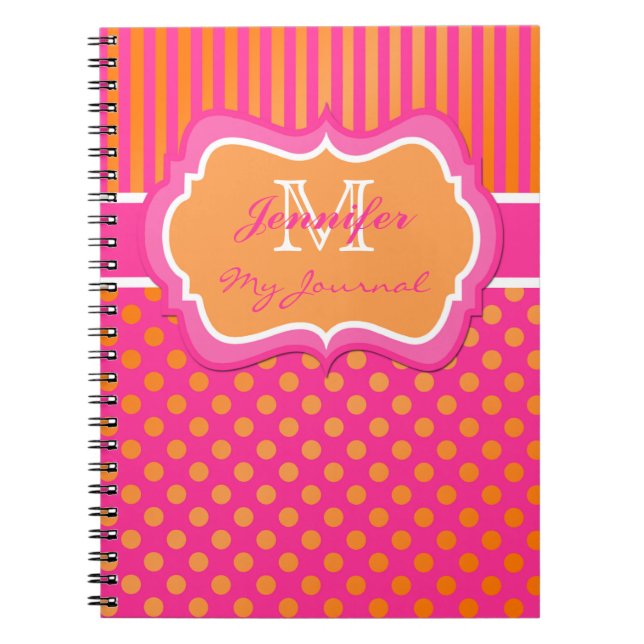 Pink Orange Polka Dot Striped Journal Notebook (Front)