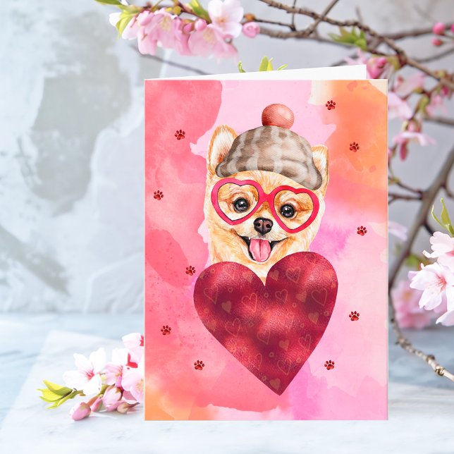 Pink Orange Pomeranian Valentine's Day Gift Dog Card (Creator Uploaded)