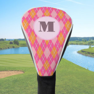 Pink Orange preppy argyle custom monogram ladies Golf Head Cover