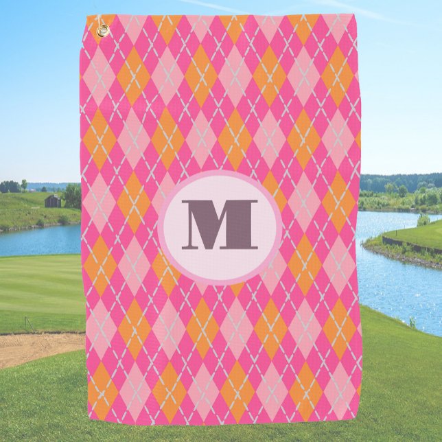 Pink orange preppy argyle custom monogram ladies golf towel (Creator Uploaded)
