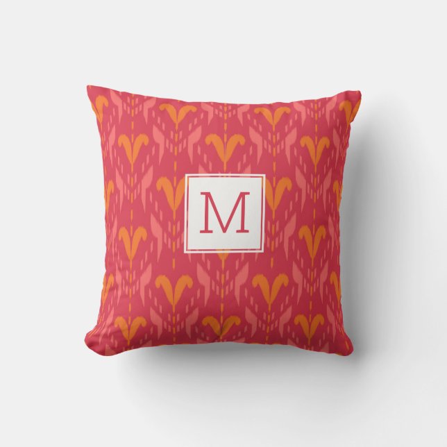 Pink Orange Pretty Floral Ikat Custom Monogram Cushion (Front)