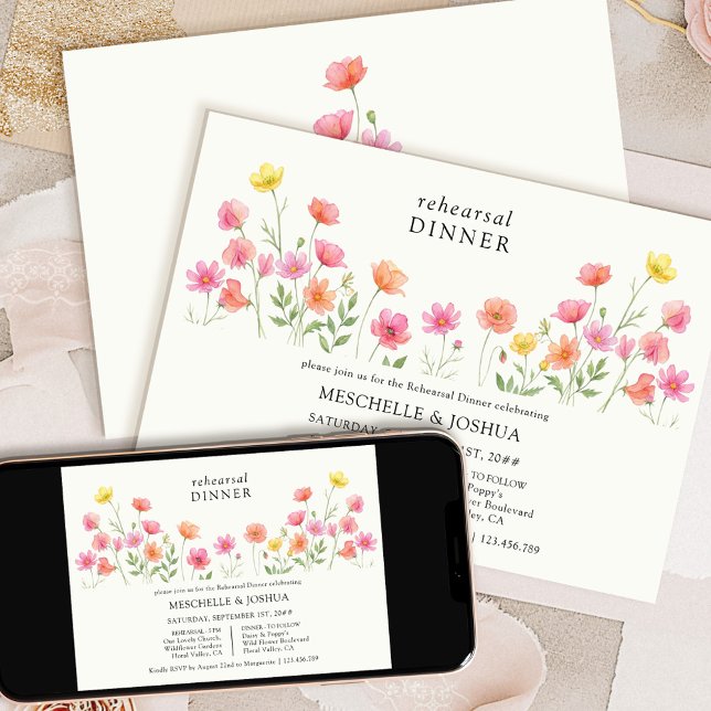 Pink Orange Pretty Floral Rehearsal Dinner Invitation (Available to order printed or as a digital download)