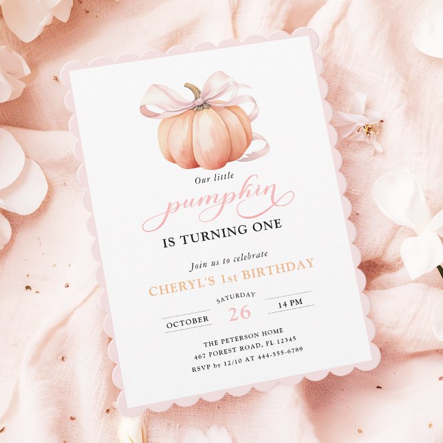 Pink Orange Pumpkin Bow Girl First Birthday Invitation (Creator Uploaded)
