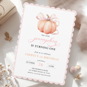 Pink Orange Pumpkin Bow Girl First Birthday Invitation