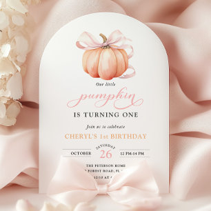 Pink Orange Pumpkin Bow Girl First Birthday Invitation