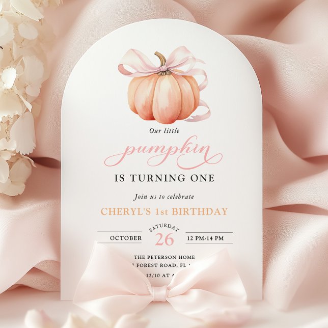 Pink Orange Pumpkin Bow Girl First Birthday Invitation (Creator Uploaded)