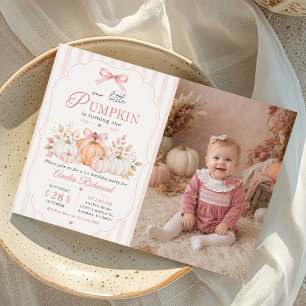 Pink Orange Pumpkin Bow Girl First Birthday Invitation