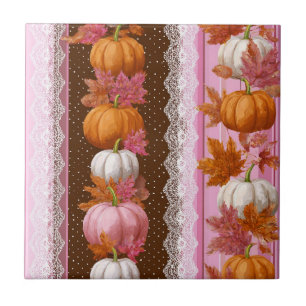 Pink Orange Pumpkin Floral Fall Pattern Ceramic Tile