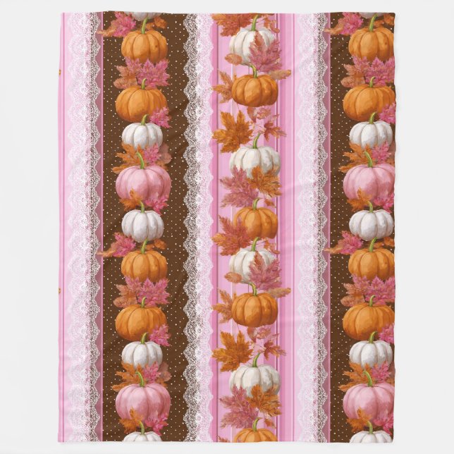 Pink Orange Pumpkin Floral Fall Pattern Fleece Blanket (Front)