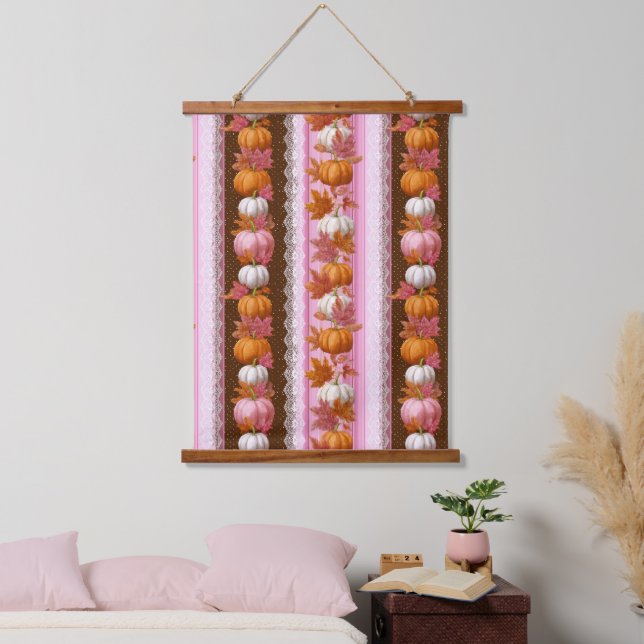 Pink Orange Pumpkin Floral Fall Pattern Hanging Tapestry (Bedroom)