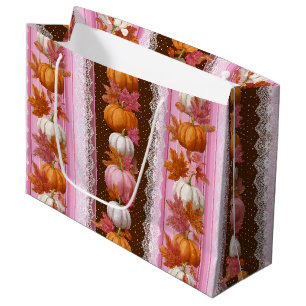 Pink Orange Pumpkin Floral Fall Pattern Large Gift Bag